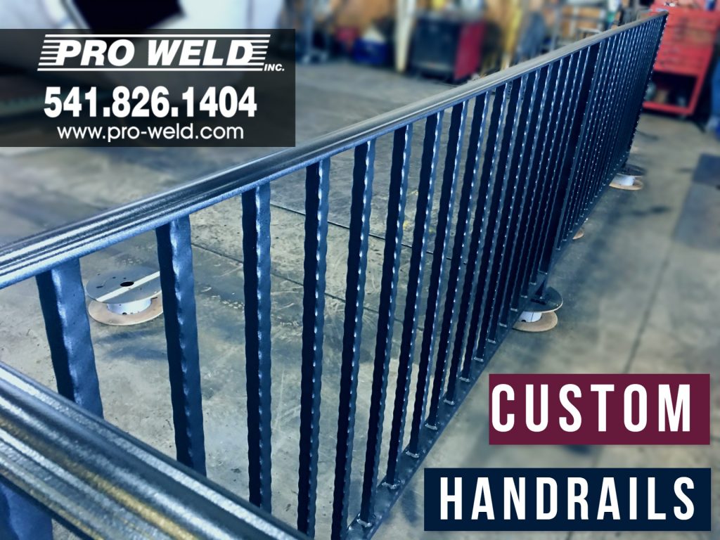 Welding handrail metal railing at Oregon welding shop. Pro Weld 541-826-1404.